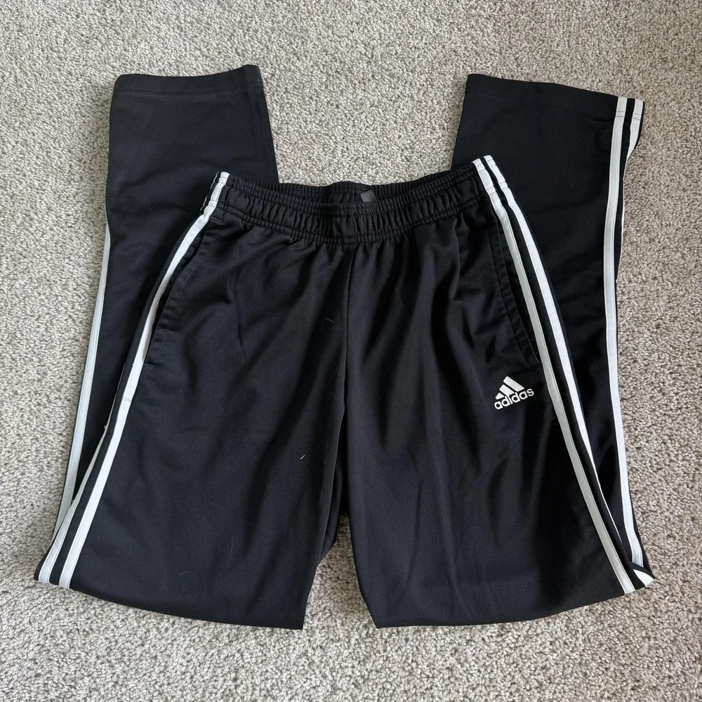 Adidas Track Pants Mens Small Black Knit Elastic Waist Pockets Stripe Gym BK7402